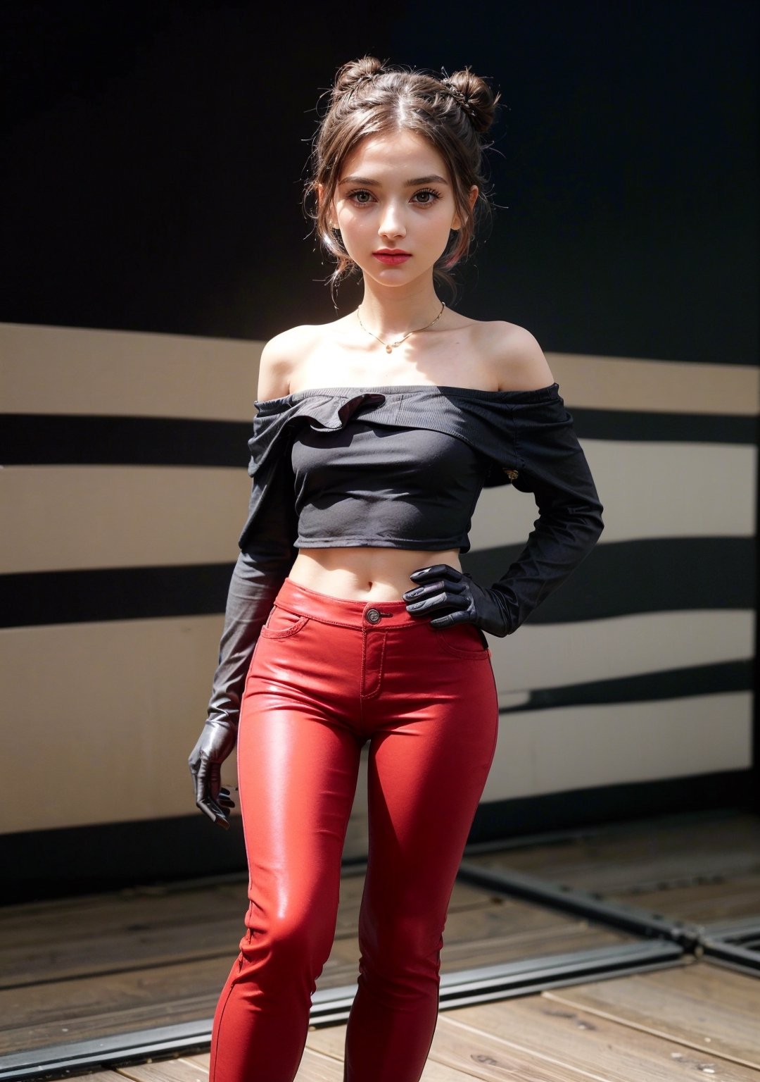 (masterpiece, best quality, ultra-detailed, ultrarealistic:1.4, scenary), (1 solo girl:1.2), (24 years old:1.4), (realistic face), (perfect anatomy:1.4) skinny teen, (full body:1.5), (tight red pants:1.5), (soft fabric pants:1.6), Realism, (European Face:1.3), (complete standing pose:1.8), (long legs:1.5), (small necklace, collarbone:1.2), (natural abs:1.4), (tight black miniskirt:1.5), (tight black minitop:1.5), (off-shoulder tight minitoo:1.4), (tight gloves:1.2), (perfect hands), (braided bun hair)