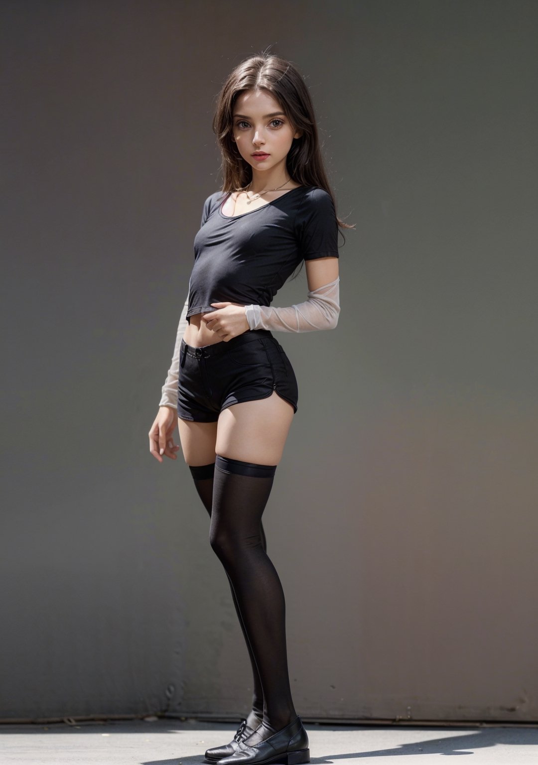 (masterpiece, best quality, ultra-detailed, ultrarealistic:1.4, scenary), (1 solo girl:1.2), (24 years old:1.4), (realistic face), (perfect anatomy:1.4) skinny girl, (full body:1.5), (tight skinny minishorts:1.5), (soft fabric red minishorts:1.5), Realism, (European Face:1.3), (complete standing pose:1.6), (long legs:1.6), (small necklace, collarbone:1.2), (diadem:1.2), (natural abs:1.2), (soft fabric minitop:1.3), (tight black minitop:1.5),  (tight black stockings:1.4)