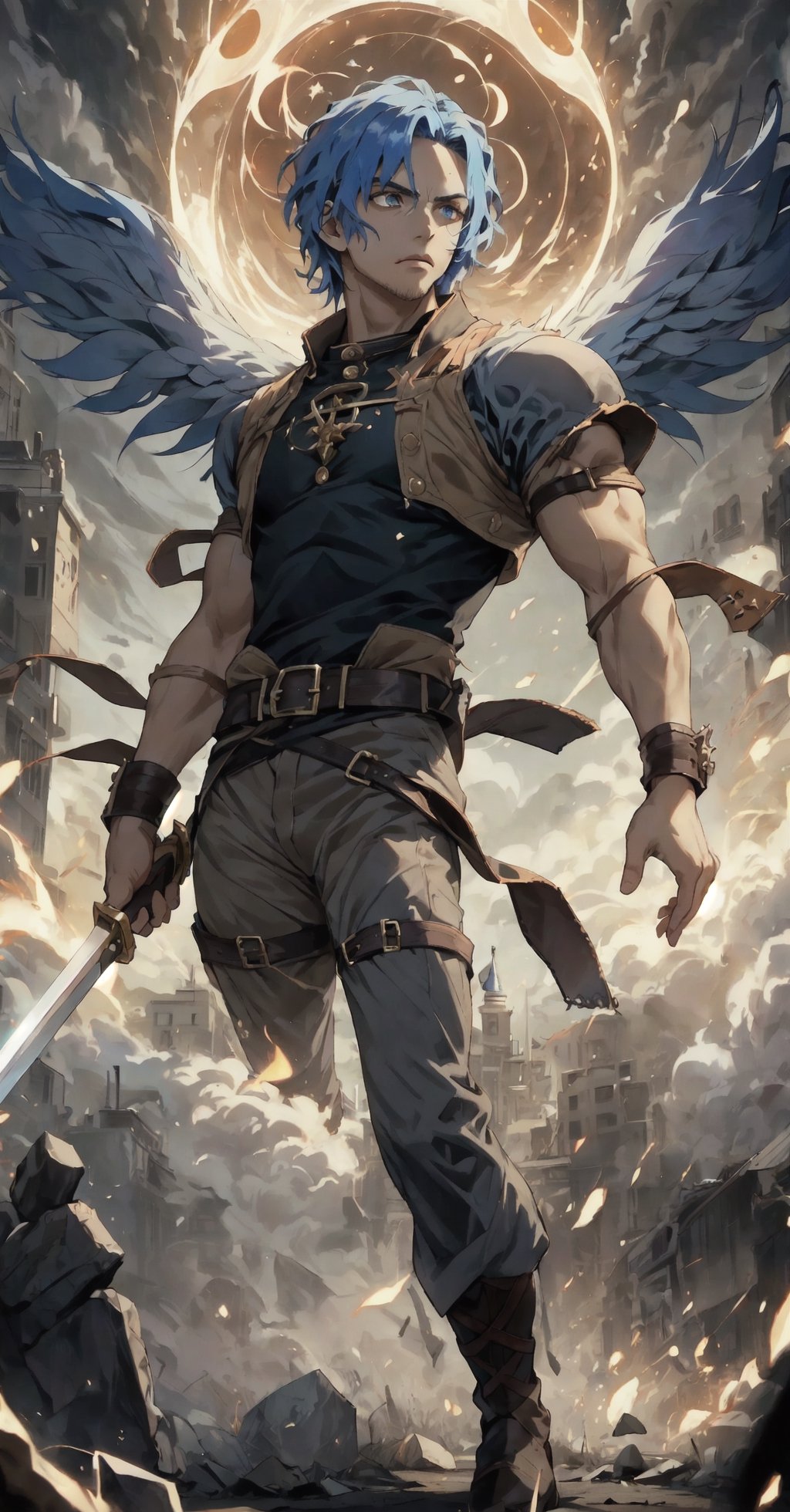 man of incredible beauty, blue hair, wavy hair, blue eyes, a black leather jacket, beige pants, in a combat pose, swordsman, robust, ready to fight, a man of 25 years old, stubble facial hair, a cute boy, muscular, muscular male, It illustrates the overwhelming moment in which the boy, with a movement of his hand, caused a powerful eclipse that plunged the earth into darkness, filling people's hearts with terror. city. mortals. Create a work of art that captures the profound impact of this celestial event and the spiritual connection between man and the mortal realm, using striking imagery, dramatic contrasts and symbolism to convey the fear and reverence inspired by the actions of this ancient deity, overcoming the stampede