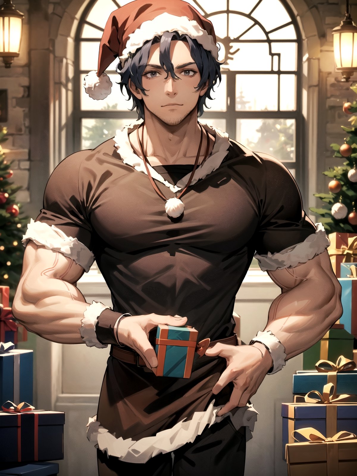 //Quality,
(masterpiece), (best quality), 8k illustration,
//Character,
overlordentoma, 1man, solo, muscular, gift, stubble
//Fashion,
santa_costume,
//Background,
indoors, christmas, 
//Others,