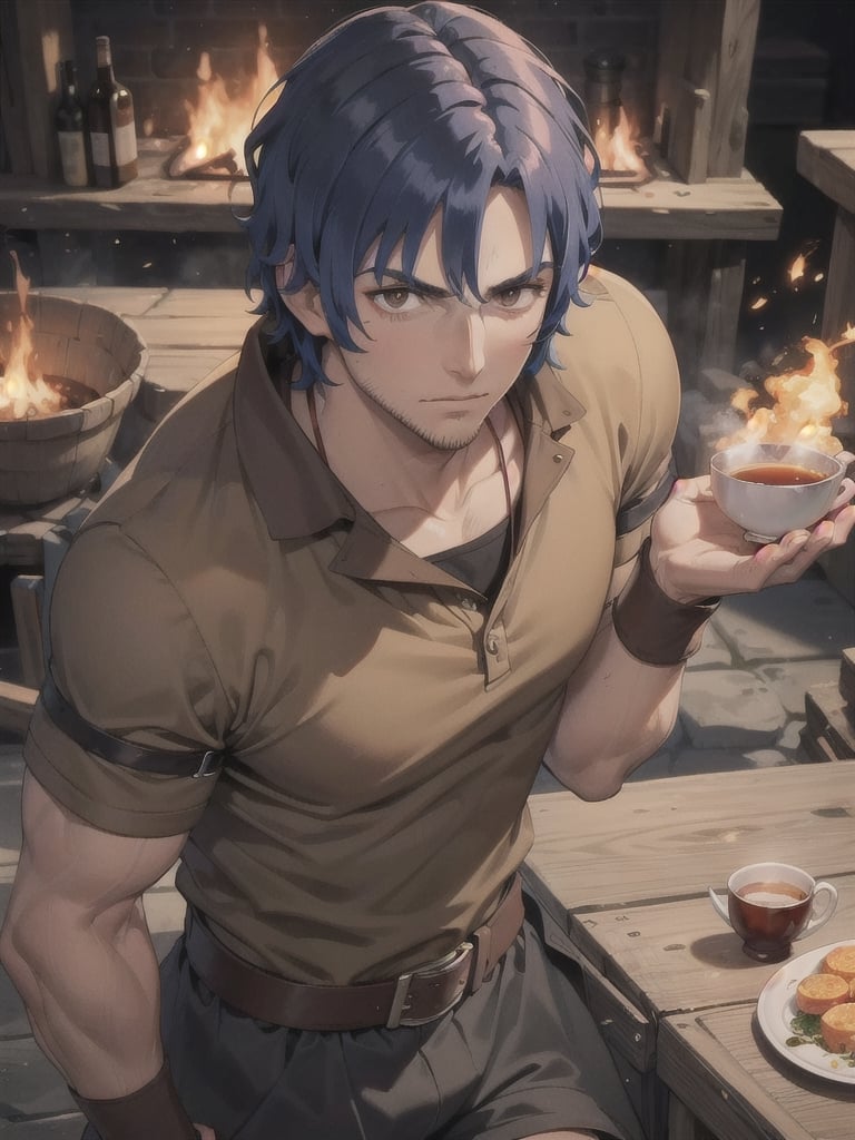 Man, Warrior in fire 
30 years old, stubble, serving tea