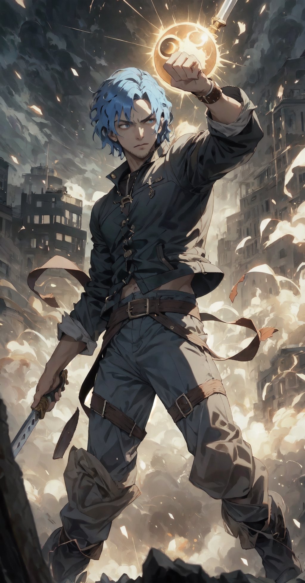 man of incredible beauty, blue hair, wavy hair, blue eyes, a black leather jacket, beige pants, in a combat pose, swordsman, ready to fight, a man of 25 years old, stubble facial hair, a cute boy, muscular, muscular male, It illustrates the overwhelming moment in which the boy, with a movement of his hand, caused a powerful eclipse that plunged the earth into darkness, filling people's hearts with terror. city. mortals. Create a work of art that captures the profound impact of this celestial event and the spiritual connection between man and the mortal realm, using striking imagery, dramatic contrasts and symbolism to convey the fear and reverence inspired by the actions of this ancient deity, overcoming the stampede