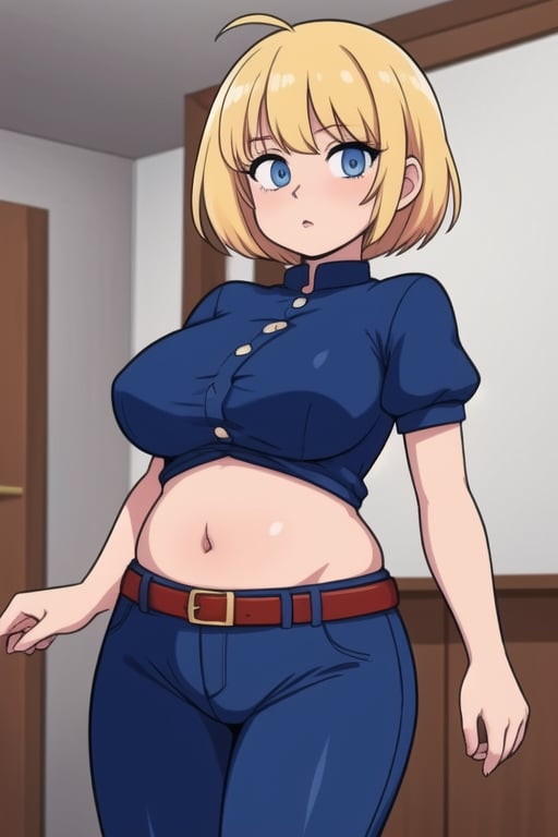 Girl,very short blonde hair,blue_eyes,blue dress with a red belt and blue pants,buttons on dress,bangs,exposing_self,bloated,puffy belly ,<lora:659111690174031528:1.0>