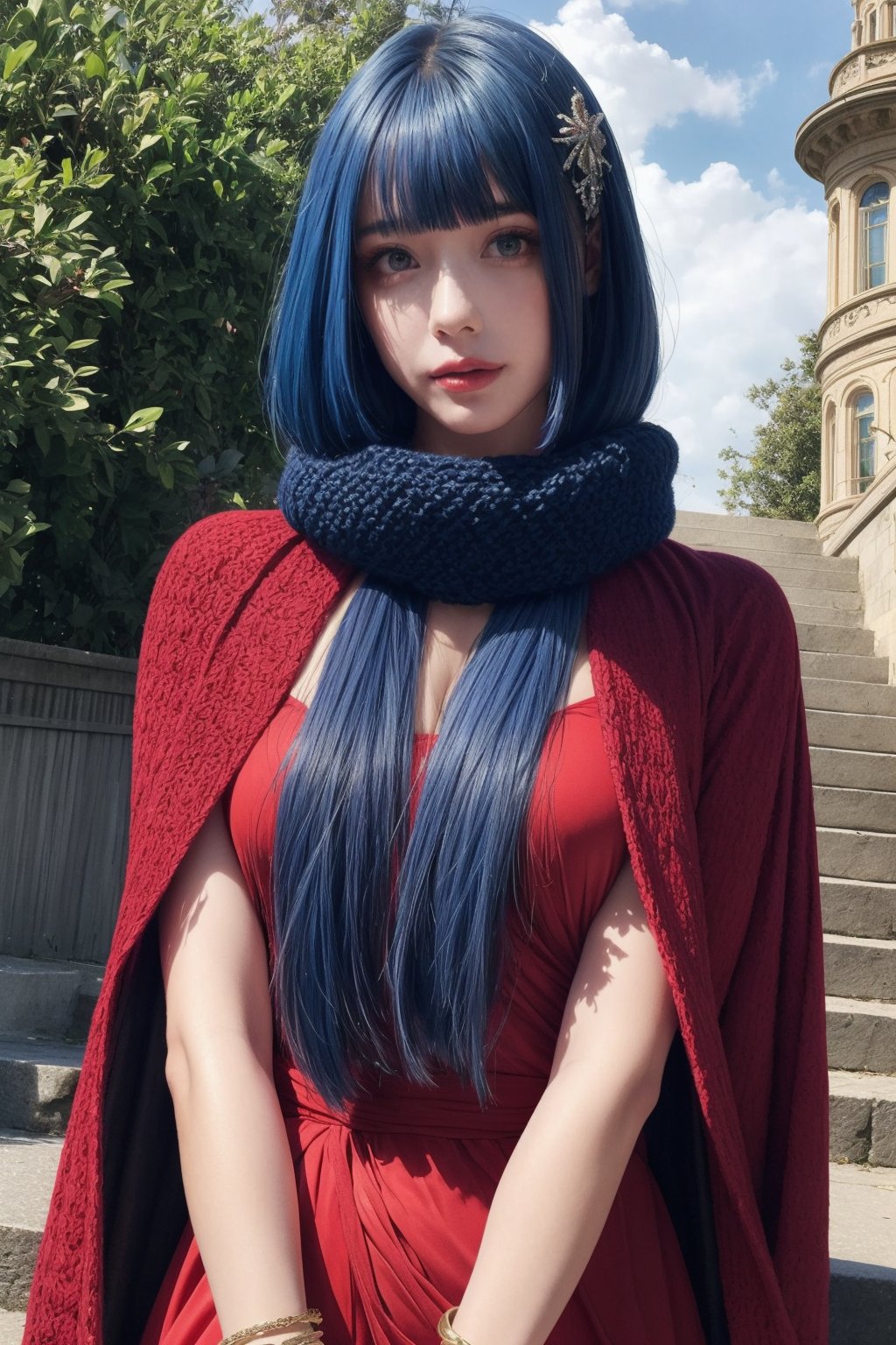 1girl, (masterpiece), stunning hybrid girl,



, masterpiece, RAW,, ultra realistic, outdoors, ((blue hair)), (hair ornament), reah, long blue hair, looking at viewer, perfect face, see through top, stairs, facing viewer, blue glows, Science Fiction, sexy, 4K, 8k HD, Circle, high quality, OceanGoddess,1 girl, portrait, red scarf, red cloak, red dress, bracelet,yui 