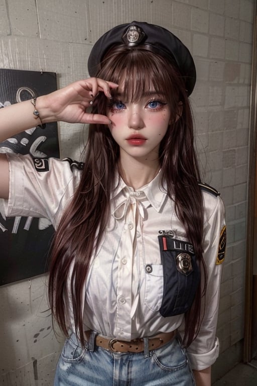 (((masterpiece))),(((long eyelashes and eyeliner))),(((beautiful))),(((ultra realistic)))





1girl,long hair,breasts,looking at viewer,blue eyes,brown hair,shirt,hat,white shirt,braid,outdoors,parted lips,solo focus,collared shirt,belt,blurry,huge breasts,uniform,twin braids,lips,blurry background,sunglasses,pocket,pouch,realistic,round eyewear,breast pocket,tinted eyewear,badge,police,police uniform,impossible shirt,policewoman,looking over eyewear,aviator sunglasses