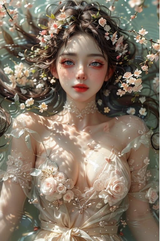 (((masterpiece))),(((sharp eyes))),(((long eyelashes and eyeliner))),(((very beautiful face))),(((face))),((large tits))),(((small waist))), 



Solo asian girl, beauty, nude, covered by transparent dress, with lace,  lying down in water
dreamt of being enveloped by the gentle rhythm of water, my heart wandering through a realm of floral fragrance. Daisy , 
eyes . smiles,  no makeup, long eyes, beauty, Korean idol
Masterpiece, details, big breast, 8k 
