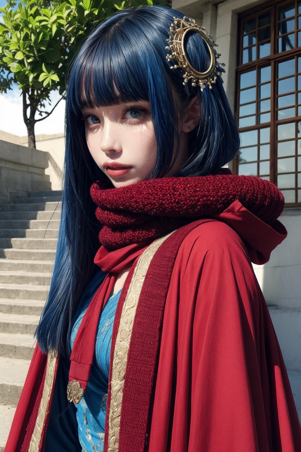 1girl, (masterpiece), stunning hybrid girl,



, masterpiece, RAW,, ultra realistic, outdoors, ((blue hair)), (hair ornament), reah, long blue hair, looking at viewer, perfect face, see through top, stairs, facing viewer, blue glows, Science Fiction, sexy, 4K, 8k HD, Circle, high quality, OceanGoddess,1 girl, portrait, red scarf, red cloak, red dress, bracelet,yui 