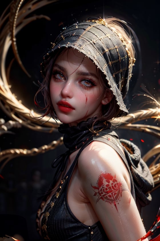 (((masterpiece))),(((long eyelashes and eyelineri))),(((beautiful))),(((ultra realistic))), 


Black and red background, black hood with gold details, bloody assassin, covered in blood, holding blades in hands & back, highly detailed female face, fierce eyes,white eyes, tanted skin, strong feature, long legs, ultra realistic, 3D drawing