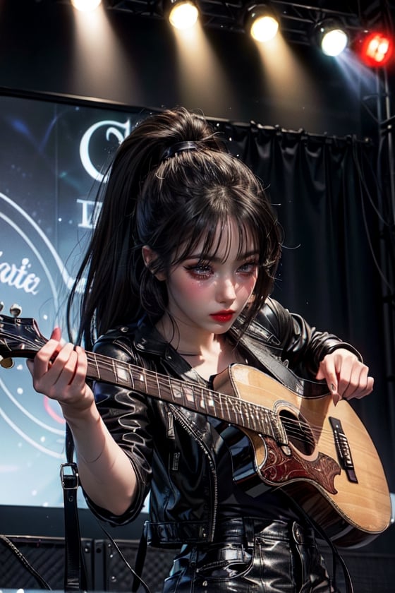 (((masterpiece))),(((long eyelashes and eyelineri))),(((beautiful))),(((ultra realistic))), 


Masterpiece, beautiful woman playing an acoustic guitar pointing it at the camera and wearing black leather jacket on stage with colorful stage lights holding guitar strings large audience singing along, realistic, anime style