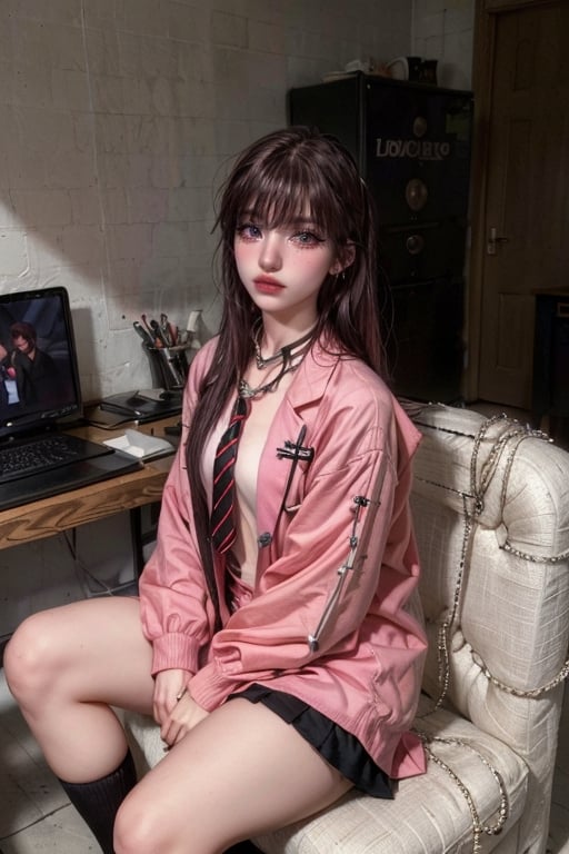 (((masterpiece))),(((long eyelashes and eyeliner))),(((beautiful))),(((ultra realistic))),(((real hands))),




mihari_olis, 1girl, solo, red shirt, bolo tie, black skirt, black belt, labcoat, sitting, crossed legs, looking at viewer, chair, computer, indoors,(((wearing jewelry and necklace))),