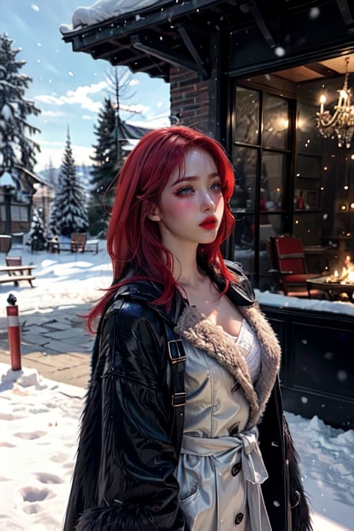 (((masterpiece))),(((long eyelashes and eyelineri))),(((beautiful))),(((ultra realistic))),




Generate hyper realistic image of a beautiful woman with vibrant pure red hair adorned in a dark brown fur coat, where the fur is as white as freshly fallen snow. She stands outdoors in the serene winter landscape, casting a shy sidelong glance at the viewer. With smokey makeup and big black lips, she exudes an enchanting charm, making the winter scene even more mesmerizing.