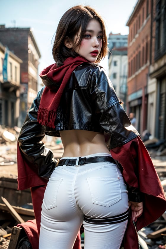 (((masterpiece))),(((long eyelashes and eyeliner))),(((beautiful))),(((ultra realistic))), 


full body, looking back, 1girl, (Mikasa Ackerman) with a (brown crop closed jacket), pretty, ((white pants)), (red scarf), white crop top underneath, (abs), (thigh straps), (attack on Titan gear), emblem, (wide hips:1.4), thin waist, big ass, sexy ass, in ((destroyed)) town, natural side lighting, film photography, film grain, glare, film lighting
