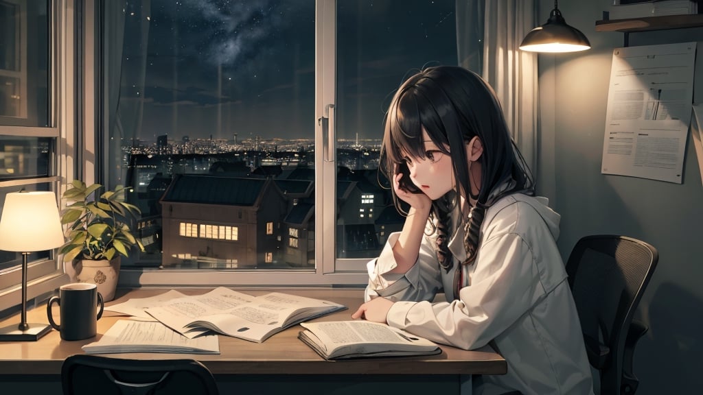 A girl read book on desk and it is night outside the window