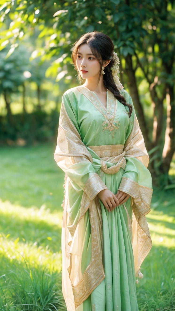 A single beautiful village woman gracefully adorned in vibrant traditional attire, standing amidst the lush green fields of her village. Sunlight gently filters through the surrounding trees, casting a warm glow on her radiant features. The woman exudes confidence and tranquility as she embraces the serene beauty of her rural surroundings.