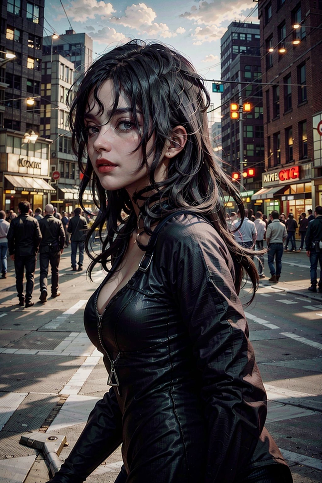 (masterpiece), (cinematic, city lights:1.2), city, overcast, 1girl, black hair, medium hair, wavy hair,Extremely Realistic,MarvelBlackCat