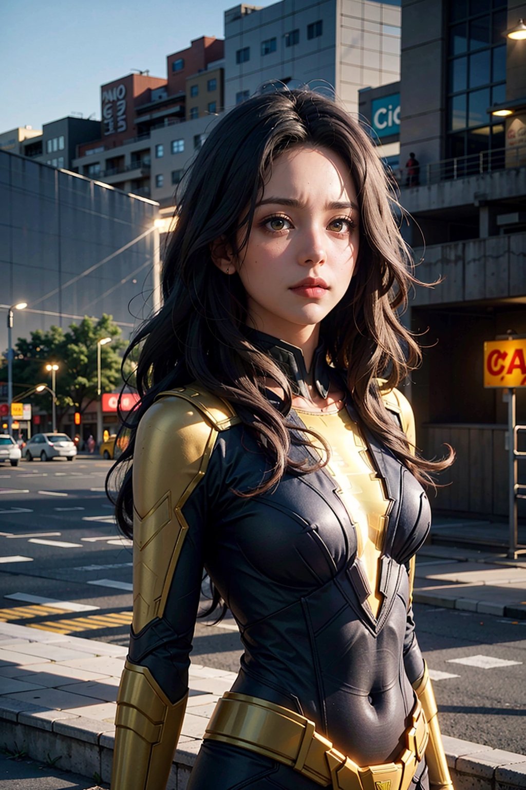 (masterpiece), (cinematic, city lights:1.2), city, overcast, 1girl, black hair, medium hair, wavy hair,Extremely Realistic,shazamsuit,mary marvel