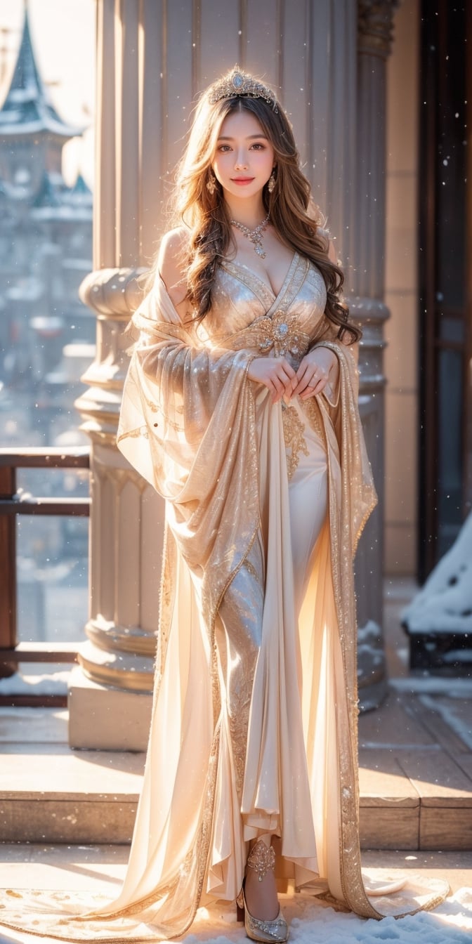 best quality, masterpiece,	smiling
Amidst the winter wonderland of Japen, a beautiful girl with very long wavy blonde hair stands out against the snow-covered landscape, embodying the elegance of Rococo style. Her attire, a harmonious blend of the latest fashion trends and traditional Russian elements, dazzles with ornate jewelry that sparkles like the icy terrain around her. This enchanting scene, set against the backdrop of a quintessential Japen setting, showcases her as a modern-day princess, bridging the gap between the opulence of the past and the chic style of the present.
ultra realistic illustration, siena natural ratio, ultra hd, realistic, vivid colors, highly detailed, UHD drawing, perfect composition, ultra hd, 8k, he has an inner glow, stunning, something that even doesn't exist, mythical being, energy, molecular, textures, iridescent and luminescent scales, breathtaking beauty, pure perfection, divine presence, unforgettable, impressive, breathtaking beauty, Volumetric light, auras, rays, vivid colors reflects,full_body