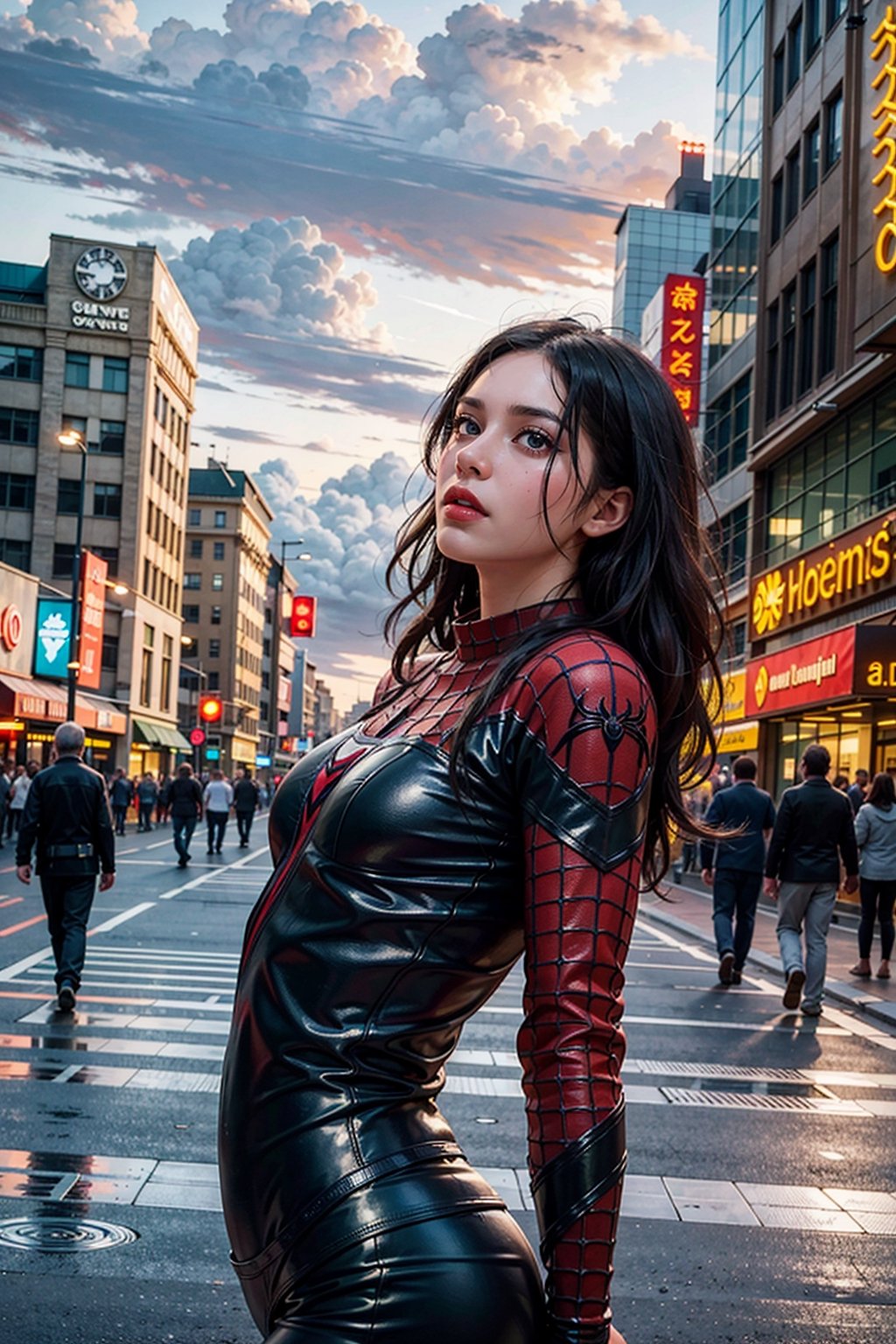 (masterpiece), (cinematic, city lights:1.2), city, overcast, 1girl, black hair, medium hair, wavy hair,Extremely Realistic,spider-man costume,venom,Maximoff