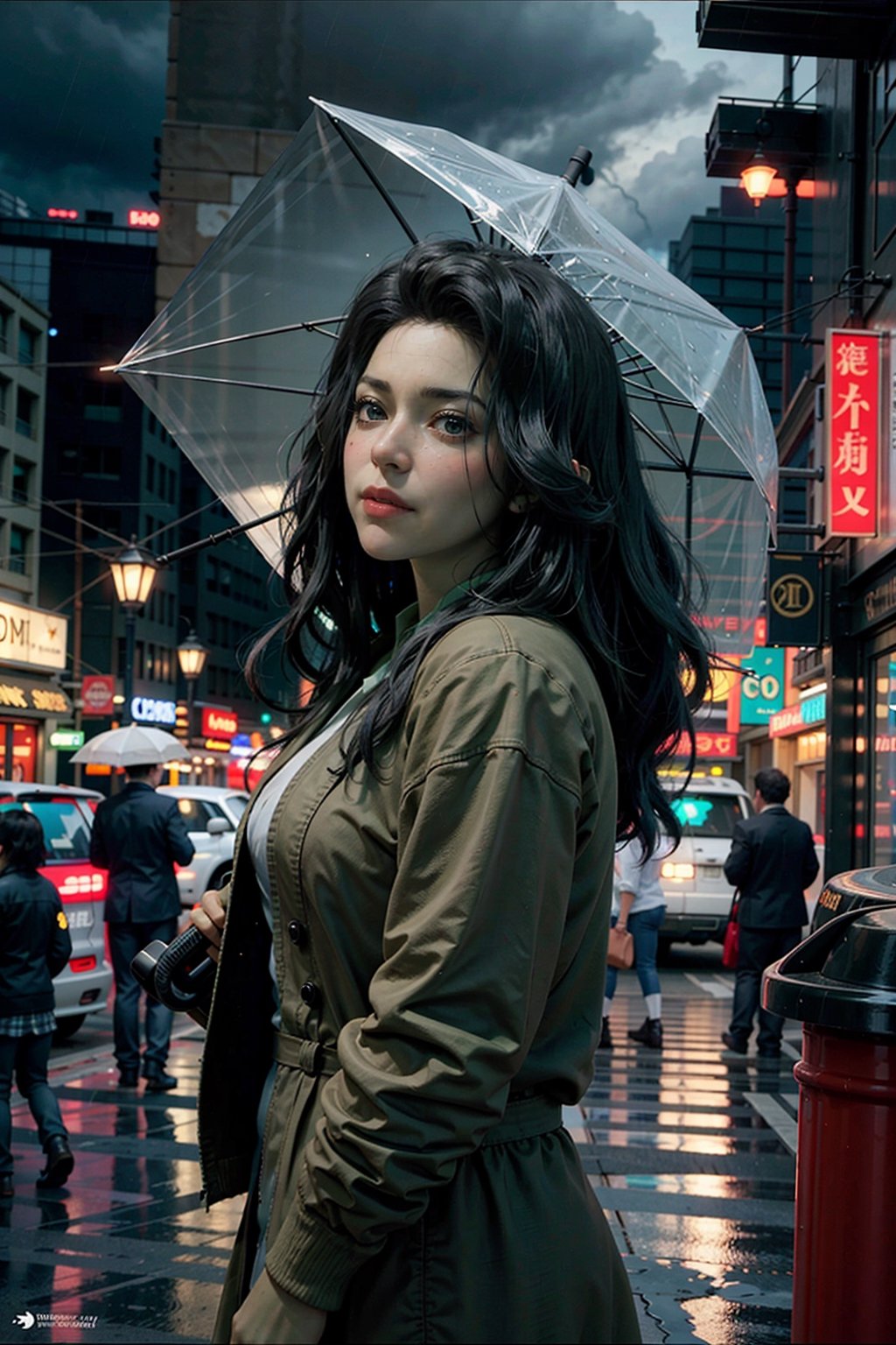 (masterpiece), (cinematic, city lights:1.2), city, overcast, rain, 1girl, black hair, medium hair, wavy hair, umbrella,blkwidow,Extremely Realistic,shehulk