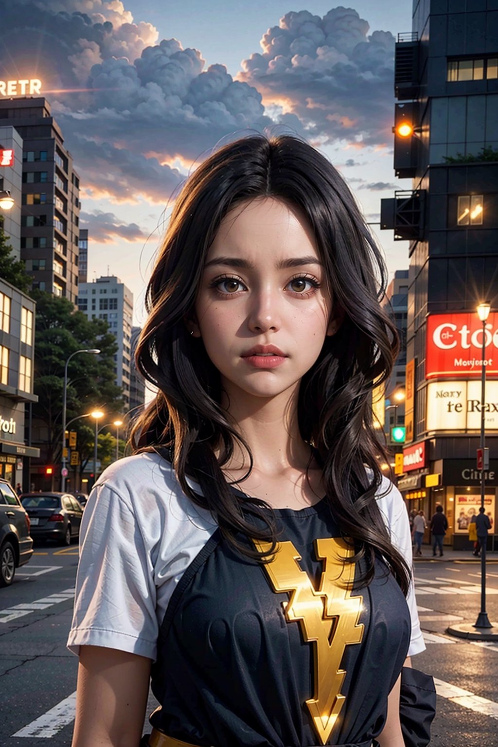 (masterpiece), (cinematic, city lights:1.2), city, overcast, 1girl, black hair, medium hair, wavy hair,Extremely Realistic,mary marvel,