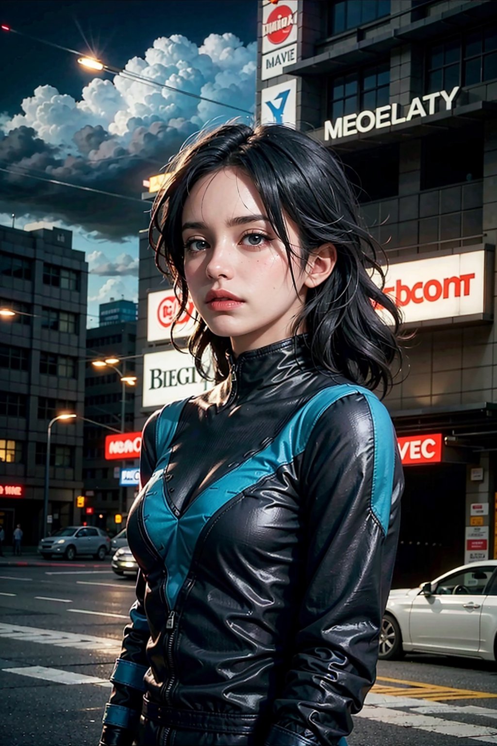 (masterpiece), (cinematic, city lights:1.2), city, overcast, 1girl, black hair, medium hair, wavy hair,Extremely Realistic,nightwing