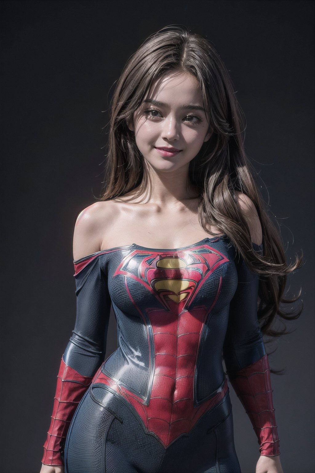 masterpiece, best quality, photorealistic, raw photo, 1girl, long hair, blouse, light smile, detailed skin, pore, off_shoulder, low key, black_background,1utf1,roronoa zoro,supergirl,peni parker,spider-man costume