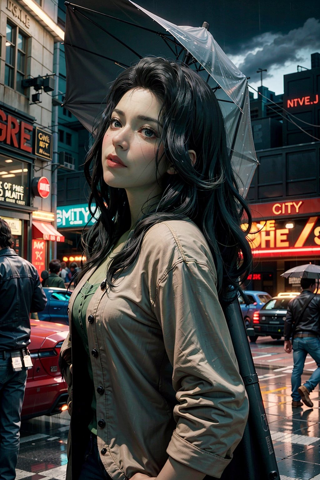 (masterpiece), (cinematic, city lights:1.2), city, overcast, rain, 1girl, black hair, medium hair, wavy hair, umbrella,blkwidow,Extremely Realistic,shehulk