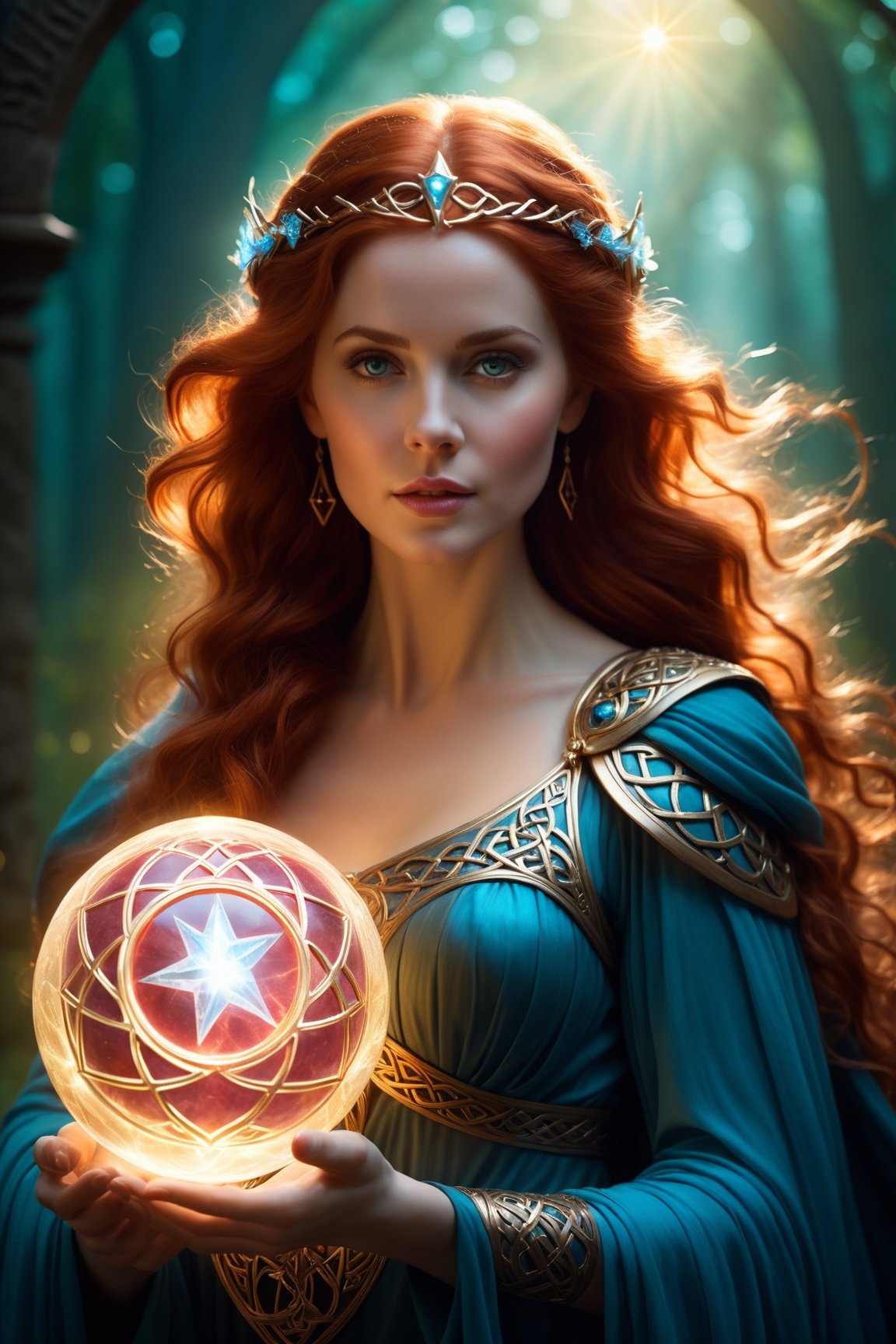 Fairy tale ethereal fantasy concept art of cinematic film still a woman holding a glowing ball in her hands, featured on cgsociety, fantasy art, very long flowing red hair, holding a pentagram shield, looks a bit similar to amy adams, lightning mage spell icon, benevolent android necromancer, high priestess tarot card, anime goddess, portrait of celtic goddess diana, featured on artstattion . shallow depth of field, vignette, highly detailed, high budget Hollywood movie, bokeh, cinemascope, moody, epic, gorgeous, film grain, grainy . magnificent, celestial, ethereal, painterly, epic, majestic, magical, fantasy art, cover art, dreamy . Magical, fantastical, enchanting, storybook style, highly detailed,detailmaster2,