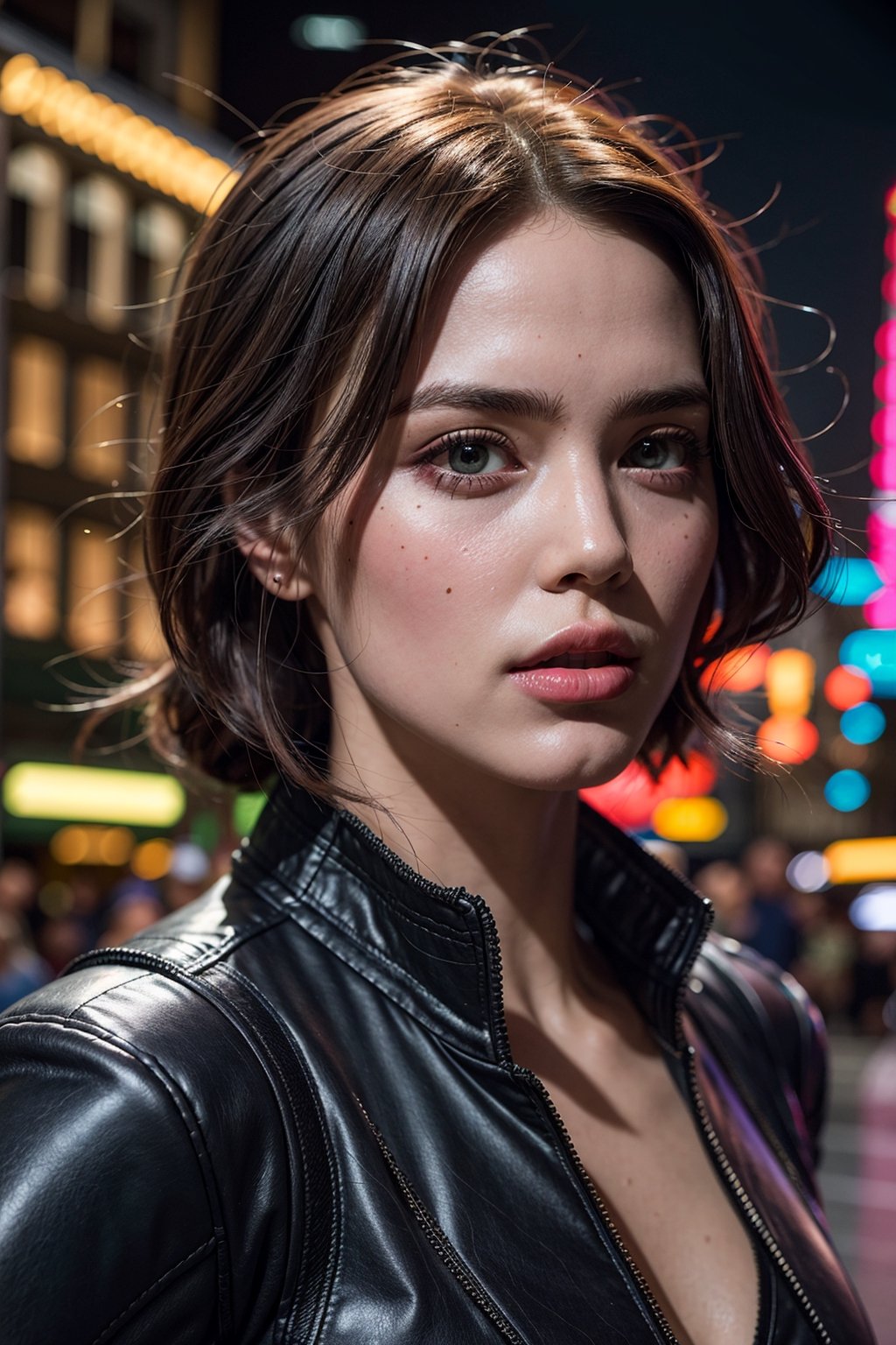 (masterpiece), (cinematic, city lights:1.2), city, overcast, 1girl, black hair, medium hair, wavy hair,Extremely Realistic,More Detail,blkwidow,