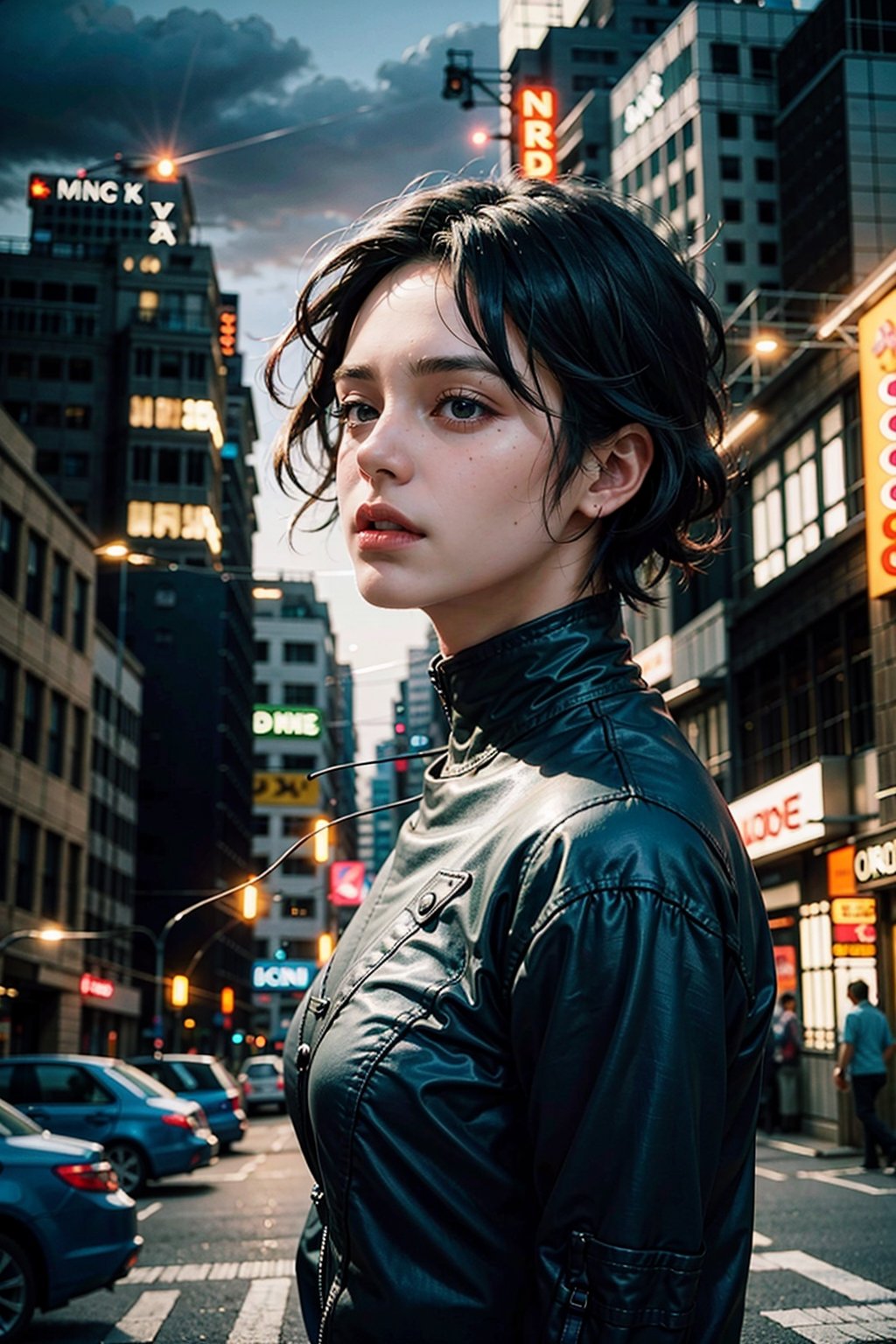 (masterpiece), (cinematic, city lights:1.2), city, overcast, 1girl, black hair, short hair, wavy hair,Extremely Realistic,nightwing