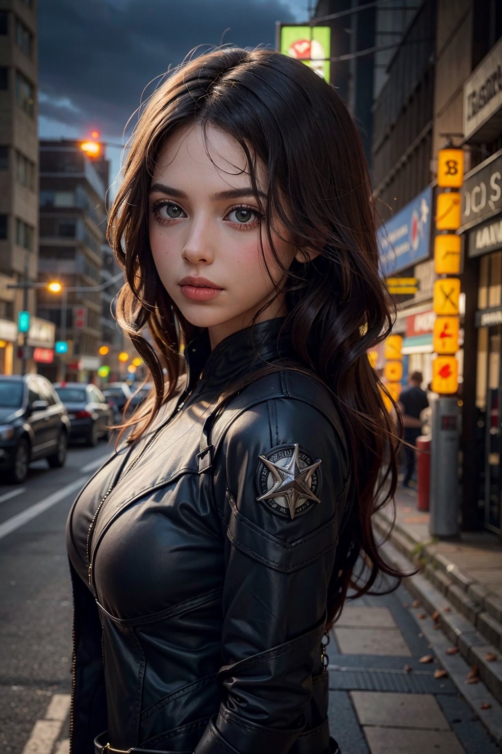 (masterpiece), (cinematic, city lights:1.2), city, overcast, 1girl, black hair, medium hair, wavy hair,Extremely Realistic,More Detail,3va,blkwidow