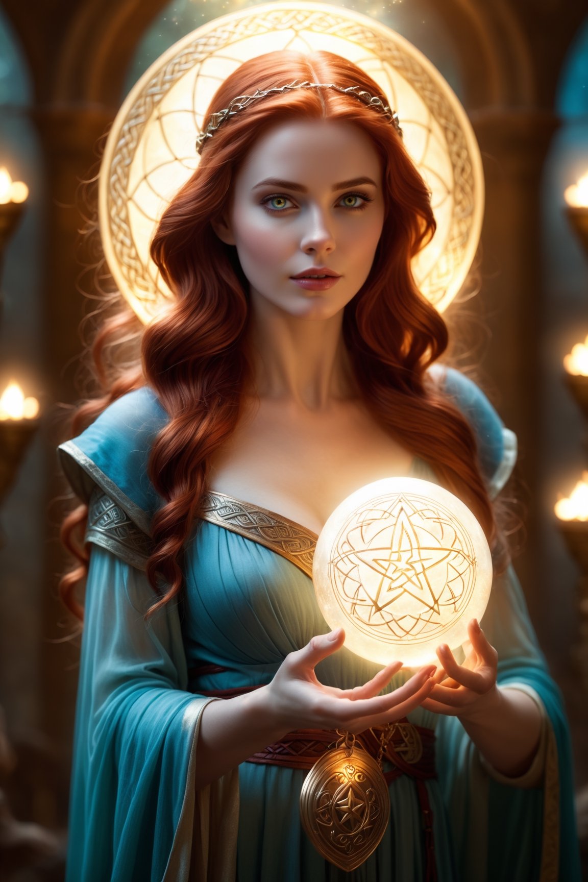 Fairy tale ethereal fantasy concept art of cinematic film still a woman holding a glowing ball in her hands, featured on cgsociety, fantasy art, very long flowing red hair, holding a pentagram shield, looks a bit similar to amy adams, lightning mage spell icon, benevolent android necromancer, high priestess tarot card, anime goddess, portrait of celtic goddess diana, featured on artstattion . shallow depth of field, vignette, highly detailed, high budget Hollywood movie, bokeh, cinemascope, moody, epic, gorgeous, film grain, grainy . magnificent, celestial, ethereal, painterly, epic, majestic, magical, fantasy art, cover art, dreamy . Magical, fantastical, enchanting, storybook style, highly detailed,detailmaster2,korean girl