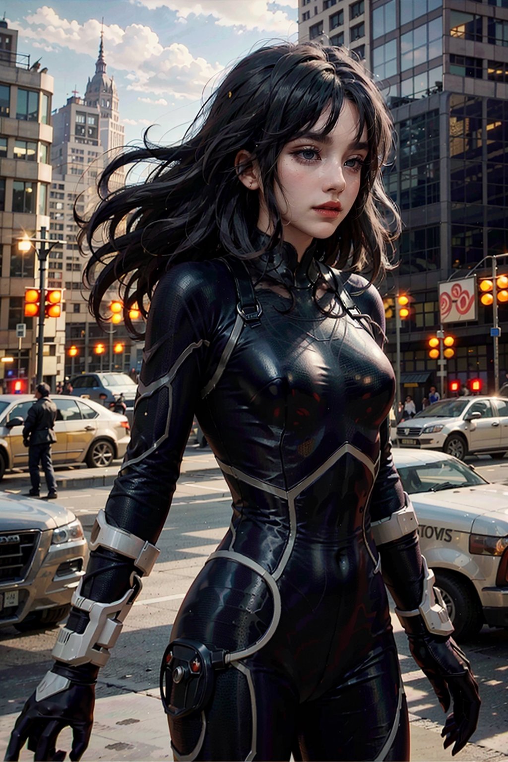 (masterpiece), (cinematic, city lights:1.2), city, overcast, 1girl, black hair, medium hair, wavy hair,Extremely Realistic,MarvelBlackCat