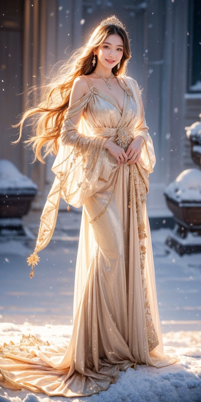 best quality, masterpiece,	smiling
Amidst the winter wonderland of Japen, a beautiful girl with very long wavy blonde hair stands out against the snow-covered landscape, embodying the elegance of Rococo style. Her attire, a harmonious blend of the latest fashion trends and traditional Russian elements, dazzles with ornate jewelry that sparkles like the icy terrain around her. This enchanting scene, set against the backdrop of a quintessential Japen setting, showcases her as a modern-day princess, bridging the gap between the opulence of the past and the chic style of the present.
ultra realistic illustration, siena natural ratio, ultra hd, realistic, vivid colors, highly detailed, UHD drawing, perfect composition, ultra hd, 8k, he has an inner glow, stunning, something that even doesn't exist, mythical being, energy, molecular, textures, iridescent and luminescent scales, breathtaking beauty, pure perfection, divine presence, unforgettable, impressive, breathtaking beauty, Volumetric light, auras, rays, vivid colors reflects,full_body