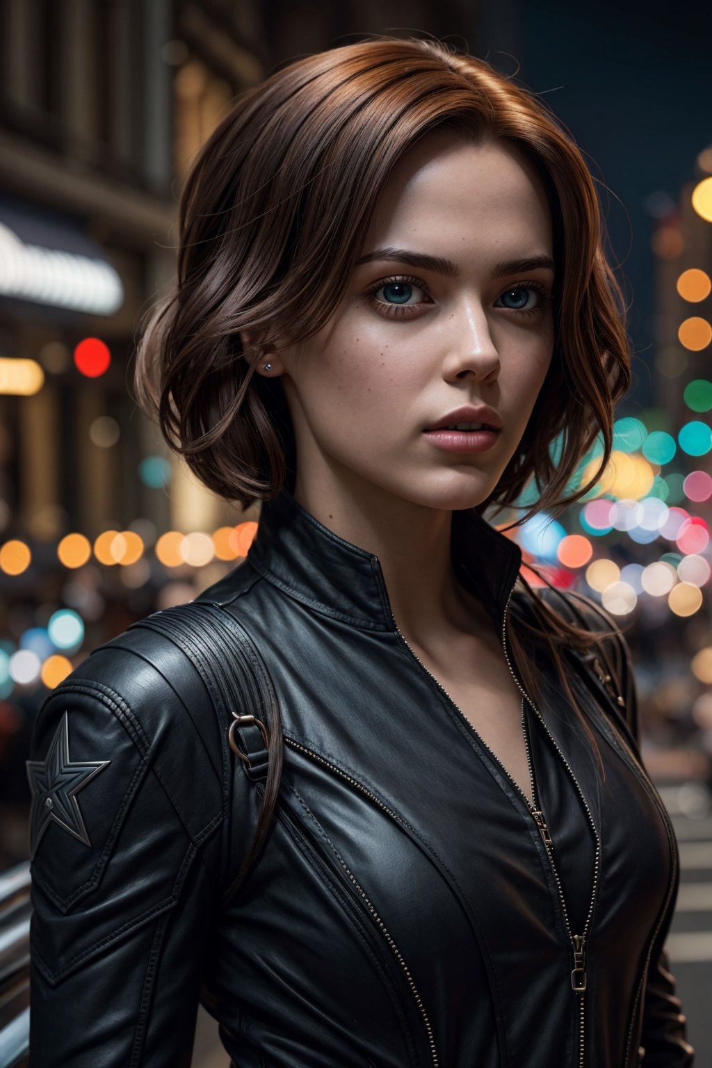 (masterpiece), (cinematic, city lights:1.2), city, overcast, 1girl, black hair, medium hair, wavy hair,Extremely Realistic,More Detail,blkwidow,