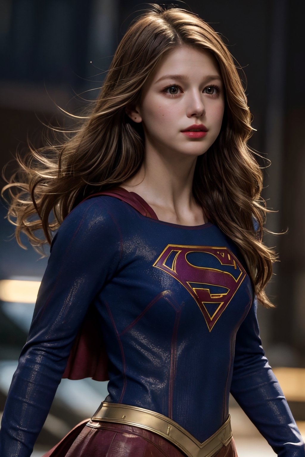 photorealistic, masterpiece, best quality, raw photo, 1girl, medium breasts, long hair, brown hair, collared shirt, looking at viewer, dynamic lighting, in the dark, deep shadow, low key, intricate detail, detailed skin, pore, highres, hdr, supergirl ,Melissa Benoist,supergirl