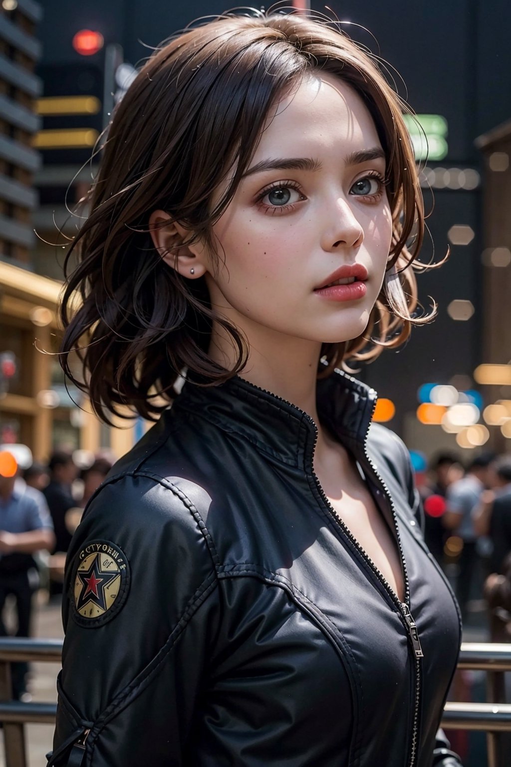 (masterpiece), (cinematic, city lights:1.2), city, overcast, 1girl, black hair, medium hair, wavy hair,Extremely Realistic,More Detail,blkwidow,