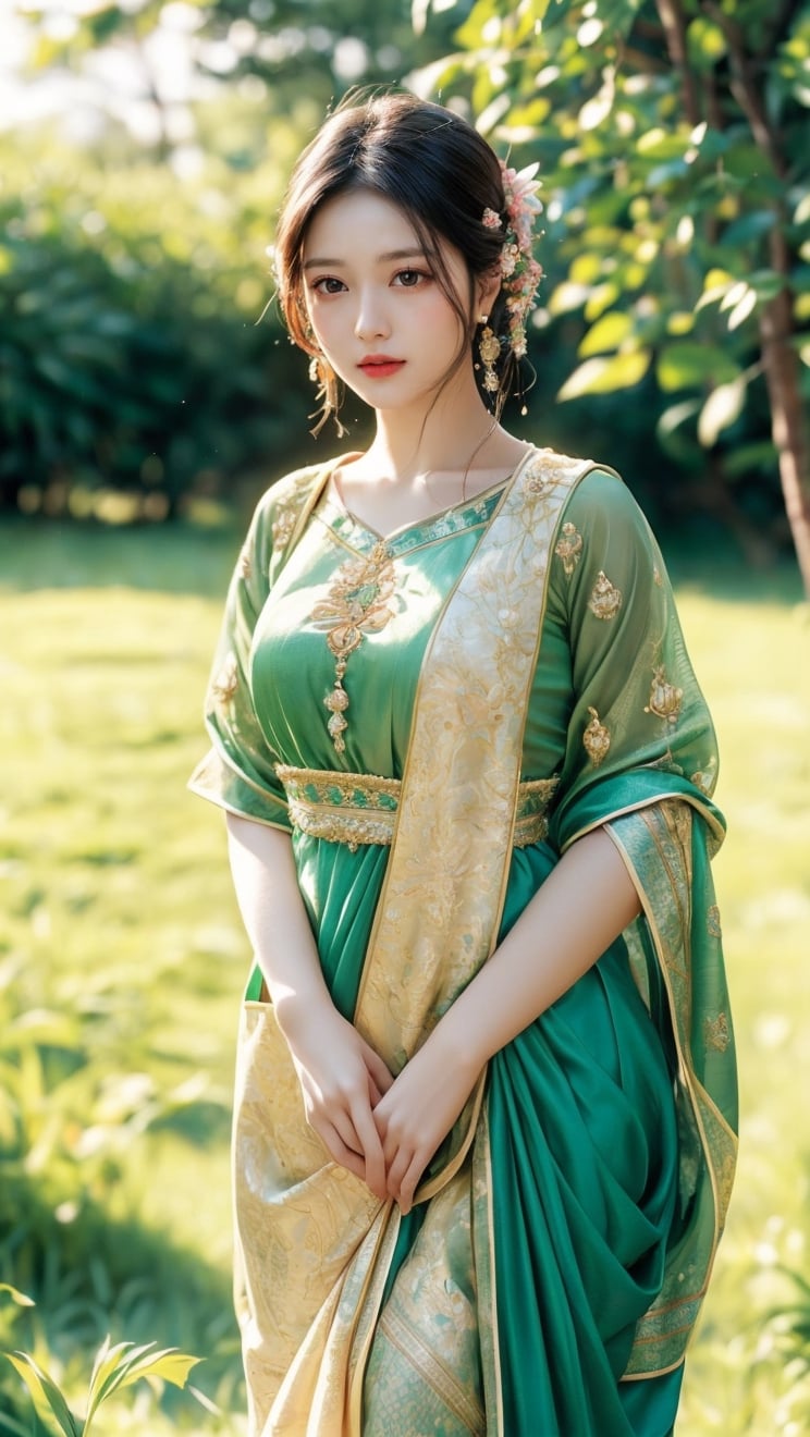 A single beautiful village woman gracefully adorned in vibrant traditional attire, standing amidst the lush green fields of her village. Sunlight gently filters through the surrounding trees, casting a warm glow on her radiant features. The woman exudes confidence and tranquility as she embraces the serene beauty of her rural surroundings.