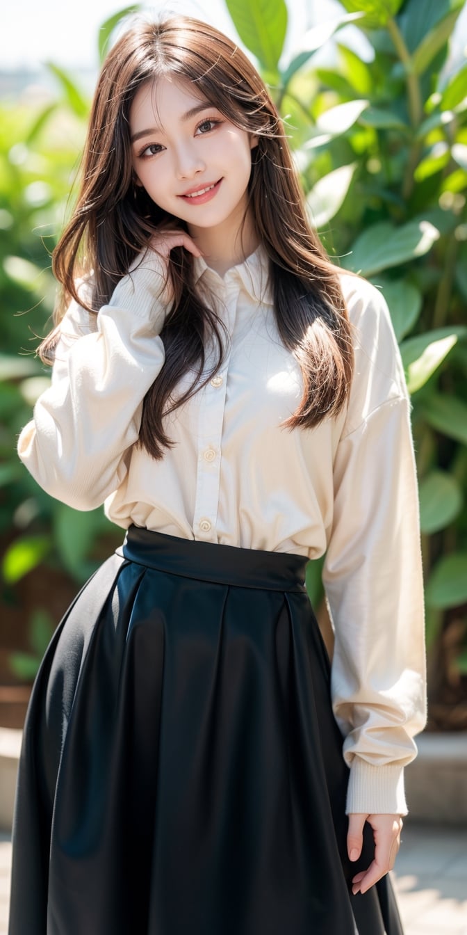 1girl, solo, long hair, looking at viewer, smile, skirt, shirt, long sleeves, black hair, head tilt, plant, long skirt, photo background, photo inset