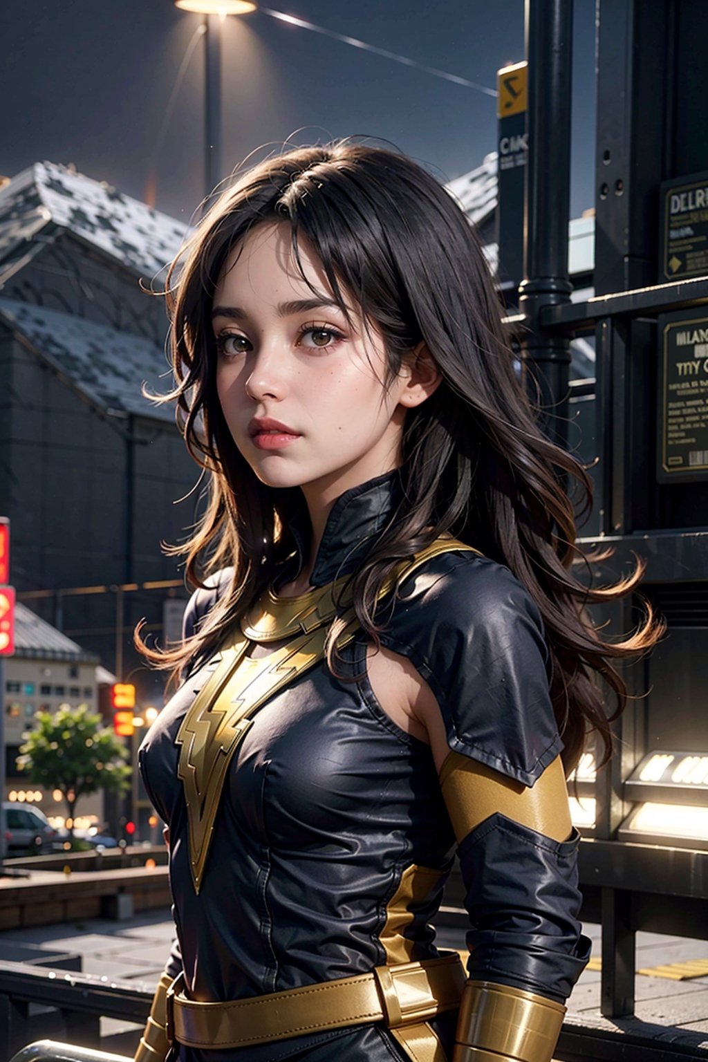 (masterpiece), (cinematic, city lights:1.2), city, overcast, 1girl, black hair, medium hair, wavy hair,Extremely Realistic,mary marvel,