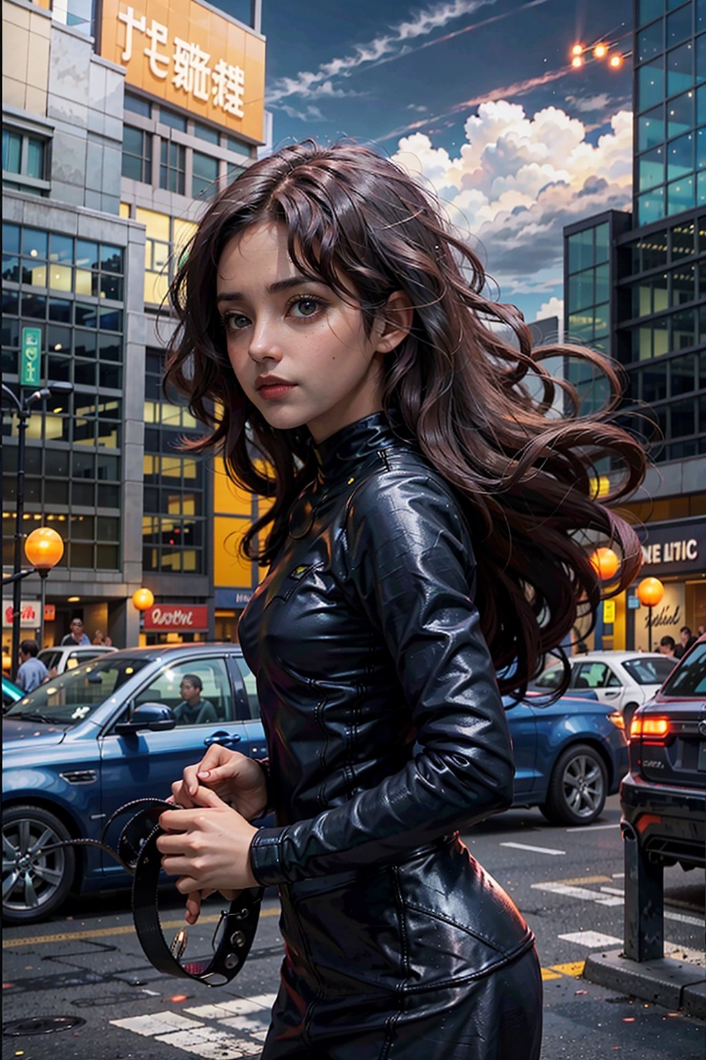 (masterpiece), (cinematic, city lights:1.2), city, overcast, 1girl, black hair, medium hair, wavy hair,Extremely Realistic,MarvelBlackCat,NamiOP,nami,sf1