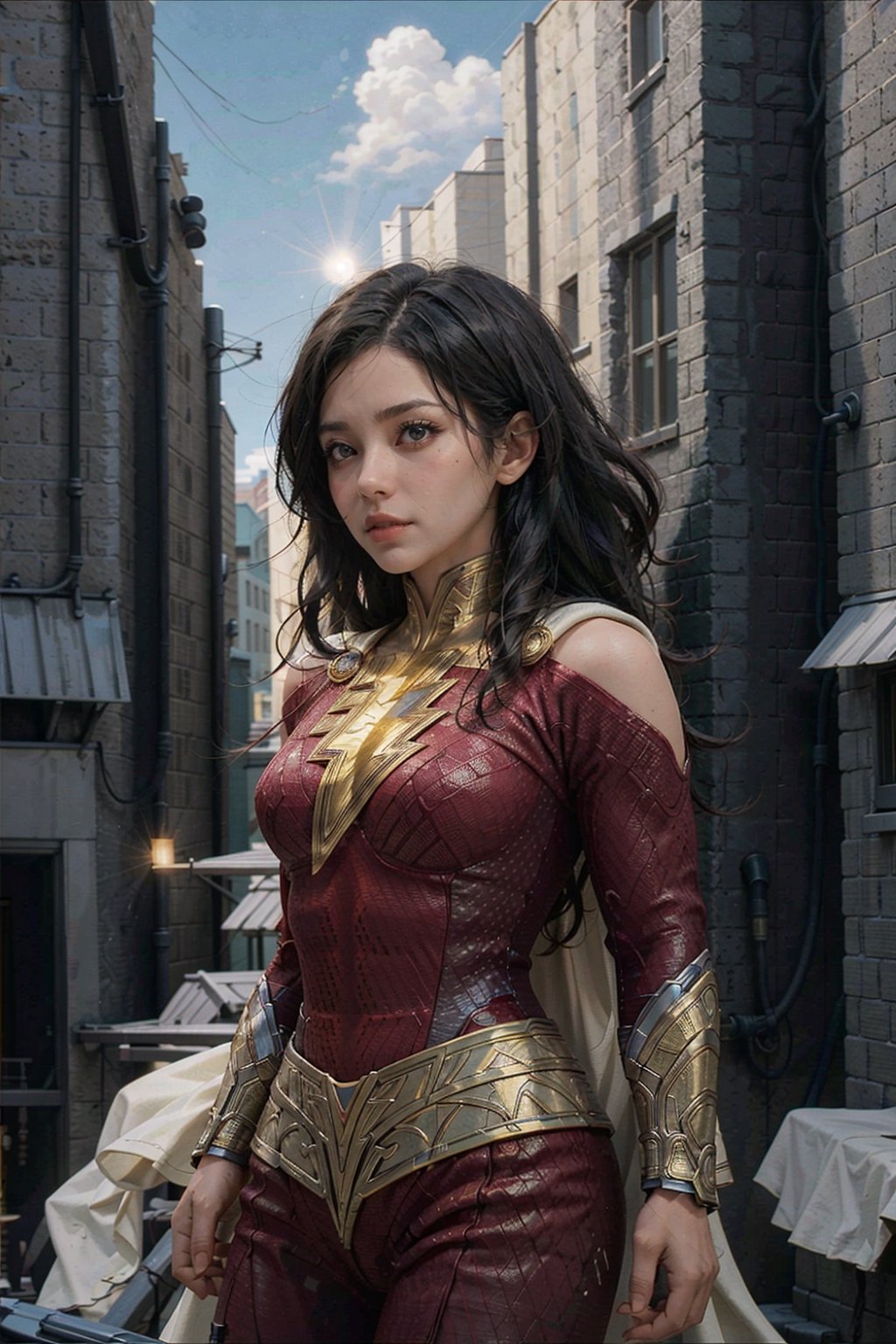 (masterpiece), (cinematic, city lights:1.2), city, overcast, 1girl, black hair, medium hair, wavy hair,Extremely Realistic,shazamsuit