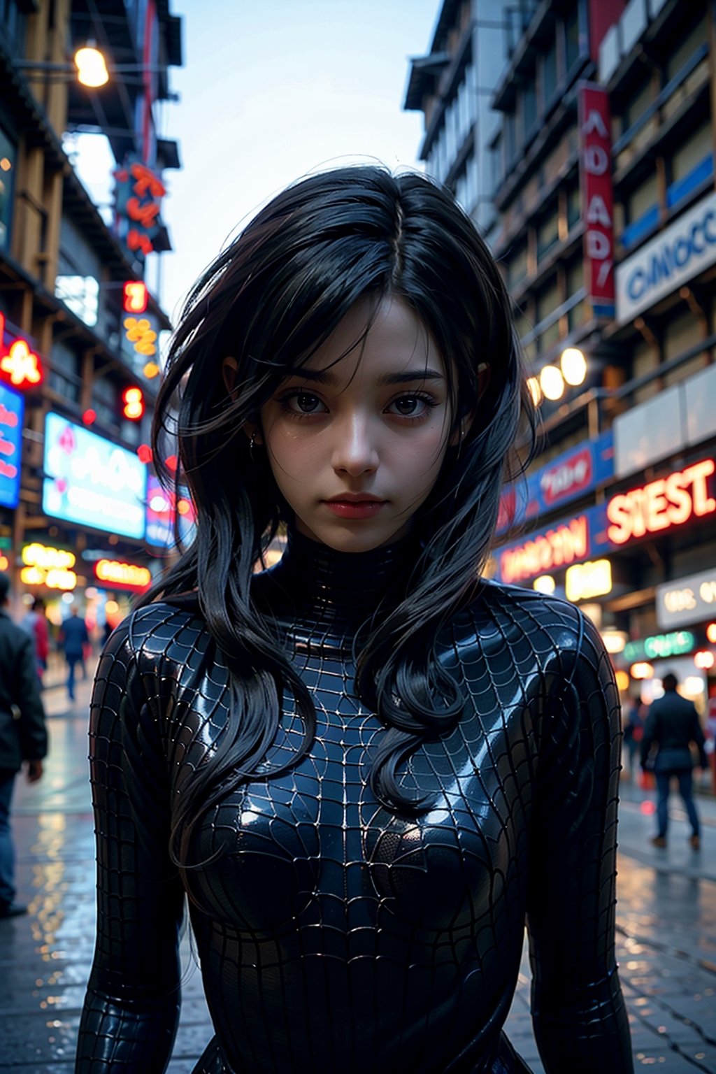 (masterpiece), (cinematic, city lights:1.2), city, overcast, 1girl, black hair, medium hair, wavy hair,Extremely Realistic,