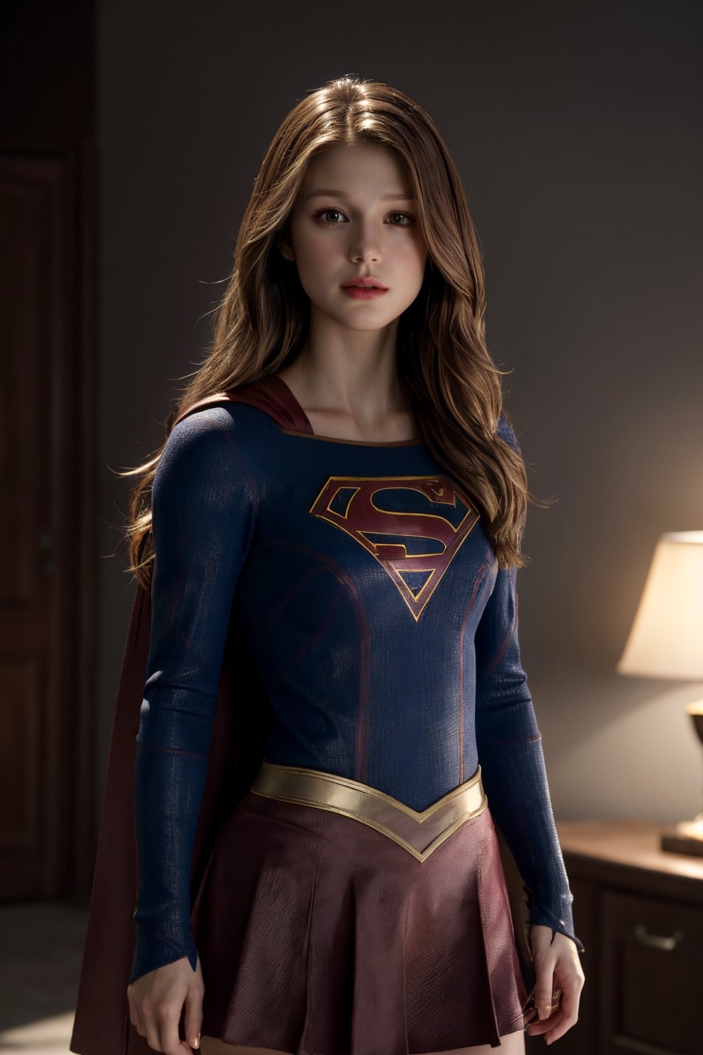 photorealistic, masterpiece, best quality, raw photo, 1girl, medium breasts, long hair, brown hair, collared shirt, looking at viewer, dynamic lighting, in the dark, deep shadow, low key, intricate detail, detailed skin, pore, highres, hdr, supergirl ,Melissa Benoist,supergirl