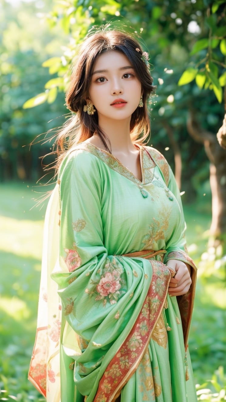 A single beautiful village woman gracefully adorned in vibrant traditional attire, standing amidst the lush green fields of her village. Sunlight gently filters through the surrounding trees, casting a warm glow on her radiant features. The woman exudes confidence and tranquility as she embraces the serene beauty of her rural surroundings.