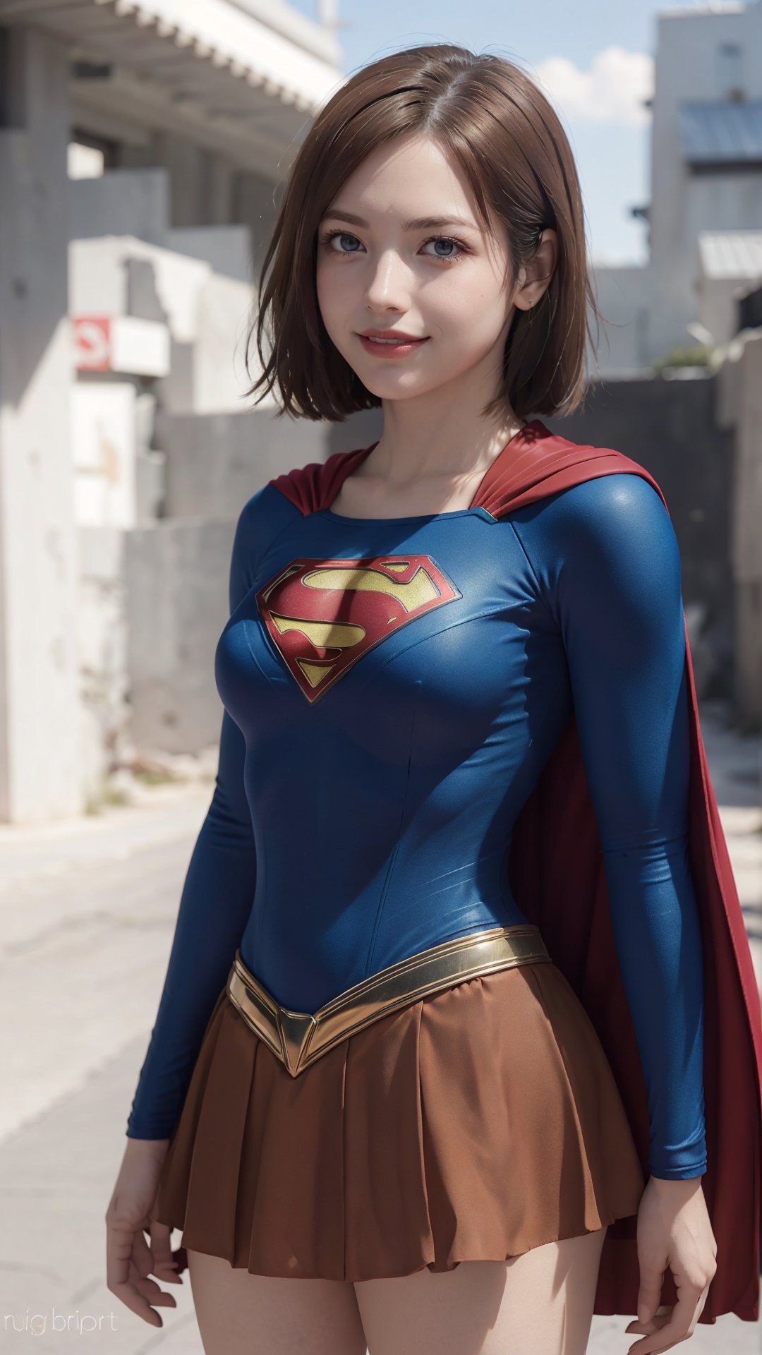 One super female,in superman outfit, full body,red mini skirt,pale_brown_eyes, glowing eyes, ((Brown hair, short hair)), supergirl suit,red miniskirt,Smiling sensually masterpiece, best quality, ultra detailed, (detailed background), perfect shading, high contrast, best illumination, extremely detailed, ray tracing, realistic lighting effects, neon noir illustration, perfect generated hands, ((upper-body_portrait)),  eyeliner, eye shadow:1.3, pale skin:1.4, cape, red cape & long. Background metropolis city, lightning in the distance,wearing supergirl_cosplay_outfit,a woman m111y, long pants, blue body suit, ,aanobara