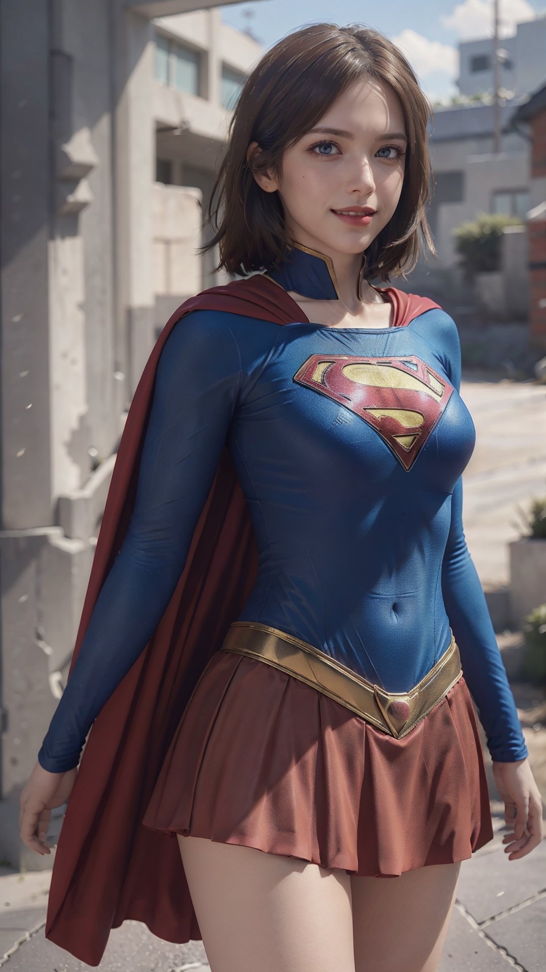 One super female,in superman outfit, full body,red mini skirt,pale_brown_eyes, glowing eyes, ((Brown hair, short hair)), supergirl suit,red miniskirt,Smiling sensually masterpiece, best quality, ultra detailed, (detailed background), perfect shading, high contrast, best illumination, extremely detailed, ray tracing, realistic lighting effects, neon noir illustration, perfect generated hands, ((upper-body_portrait)),  eyeliner, eye shadow:1.3, pale skin:1.4, cape, red cape & long. Background metropolis city, lightning in the distance,wearing supergirl_cosplay_outfit,a woman m111y, long pants, blue body suit, ,aanobara