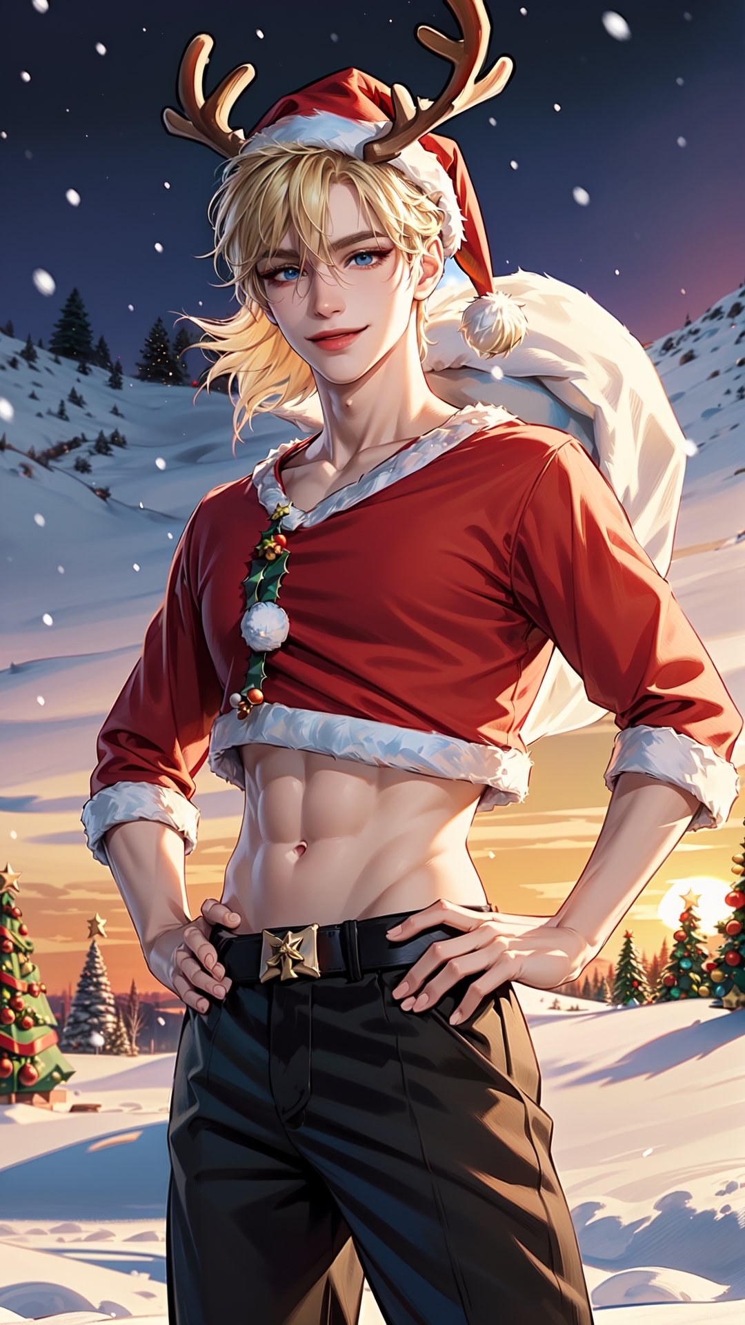 ((masterpiece)), ((best quality)), ((ultra-detailed)), realistic lighting, anime style, (cowboy shot, hand on hip:1.5), (1boy, male focus:1.5), solo, (pale skin:2.0), (pectorals, abs, collarbones:1.2), (open santa outfit, Christmas outfit, Christmas hat, red crop top:1.5), (blonde hair, medium hair, hair between eyes, sidelocks:1.5), (blue eyes, black eyeliner:1.5), long eyelashes, smile, (snow background, Christmas theme, reindeer background, sunrise:1.3)
