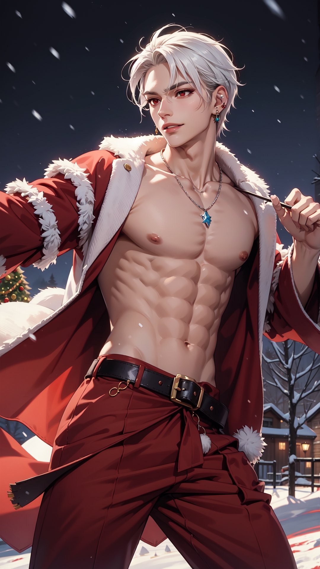 ((masterpiece)), ((best quality)), ((ultra-detailed)), realistic lighting, anime style, (cowboy shot:1.5), (dynamic pose, looking to the side:2.0), (1boys, male focus, solo:1.5), (pale skin:1.8), (skinny, abs, pectorals, collarbones, perfect hands, thighs, earrings, necklace:1.5), (shirtless, Christmas robe:1.5), (white hair, long hair:1.5), (red eyes, tsurime:1.5), (black eyeliner, long eyelashes), (parted lips, seductive smile), (snow background, ice, snowstorm, dusk:1.3), 1boy