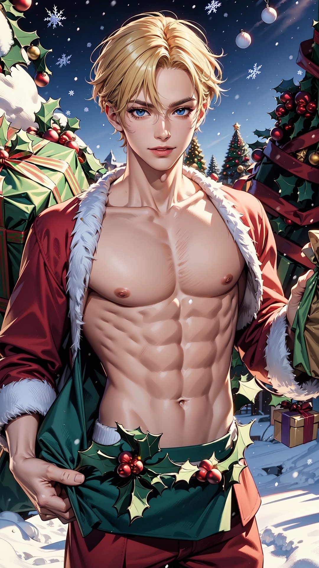 ((masterpiece)), ((best quality)), ((ultra-detailed)), realistic lighting, anime style, (cowboy shot:1.5), (holding Christmas sack, looking at viewer:2.0), (1boy, male focus, bishounen, solo:1.5), (pale skin:1.5), (skinny, abs, pectorals, collarbones, perfect hands:1.5), (topless, Santa costume:1.5), (blonde hair, short hair, hair intakes:1.5), (blue eyes, tsurime:1.5), (black eyeliner, long eyelashes), (parted lips, seductive smile), (snow background, village, clear sky, trees, day:1.3), 1boy